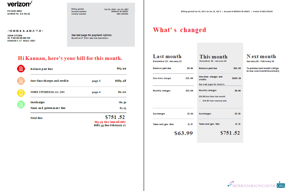 download download USA Verizon utility bill template in Word and PDF formats, 2 pages PDF template PDF template